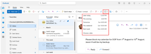 Screenshot showing snoozing email in ribbon in Outlook
