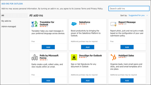 The Add-ins for Outlook dialog in Outlook for Mac