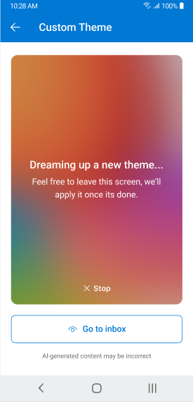 A screen showing a Theme by Copilot generating on Outlook Mobile