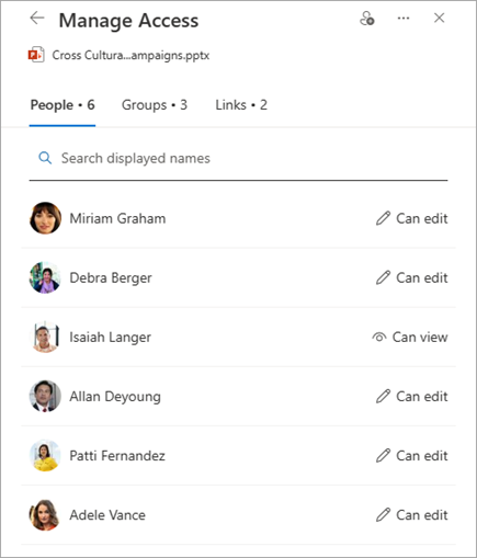 The Manage Access panel showing permissions for a shared file.