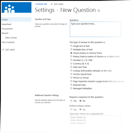 Page for adding a survey question
