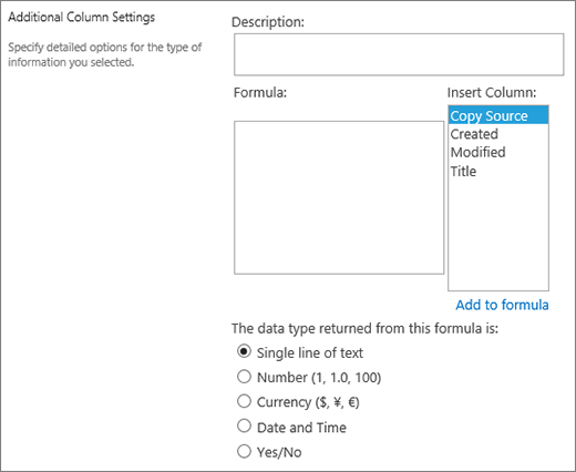 Calculated column options