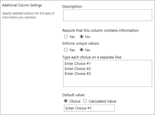 Task outcome column choices