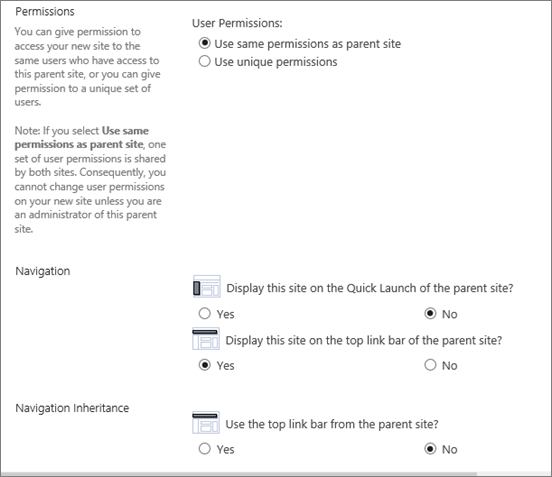 Bottom half of the Create Site Dialog