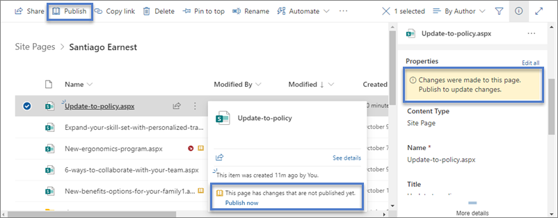 Publish options from the Pages library