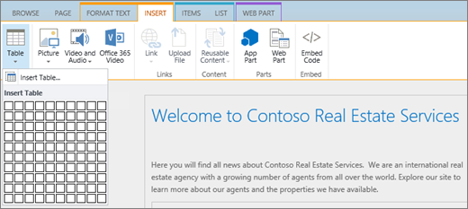 Screenshot shows the SharePoint Online ribbon. Select the Insert tab and then select Insert Table to specify the number of rows and columns for a new table.