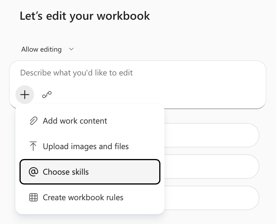 Screenshot of the Copilot in Excel 'Add work content' menu, with 'Choose skills' highlighted.
