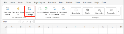 Shows the Data tab in Excel. There's a red box around Data Source Settings option.