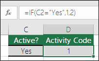 Cell D2 contains a formula =IF(C2=Yes,1,2)