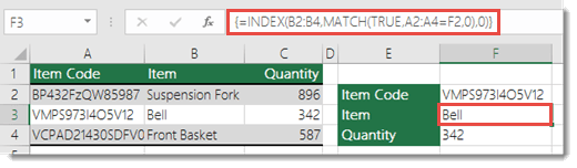 Screenshot that shows use INDEX and MATCH to look up values more than 255 characters.