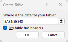 Create Table window