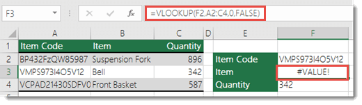 Screenshot that shows tHe #VALUE! error displays when col_index_argument is less than 1