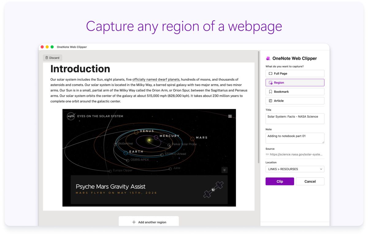Screenshot of a web page intro with a side panel for settings. Text at the top says to capture any region of a webpage.