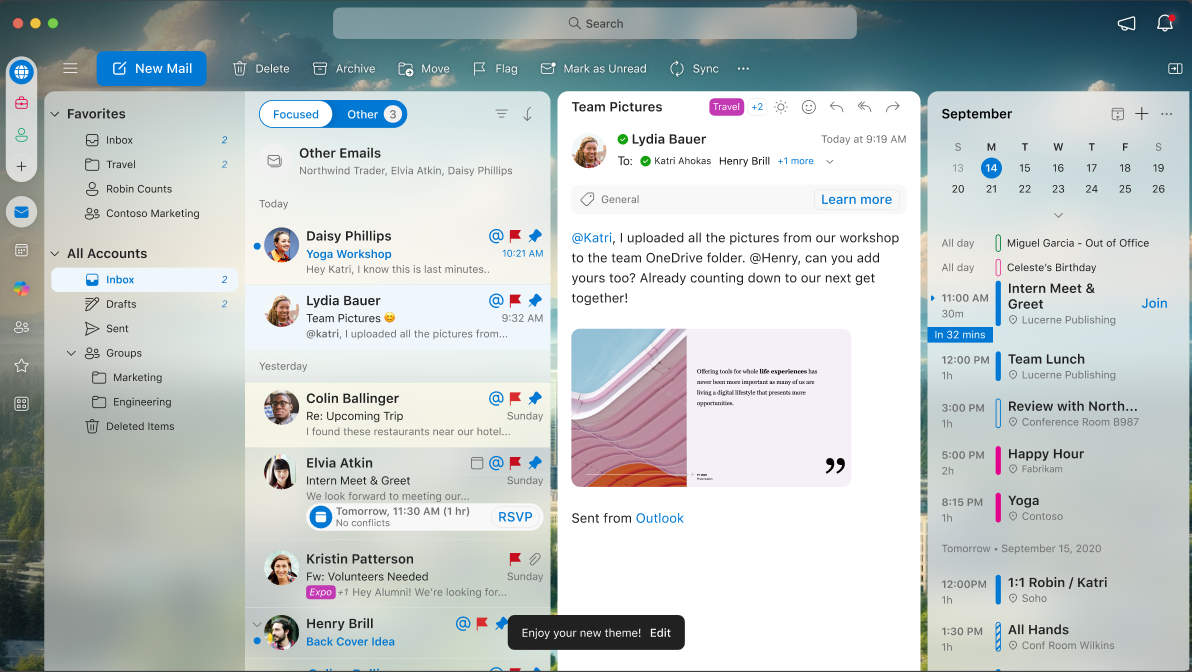 A screen showing how a theme looks when it’s applied on Outlook for Mac