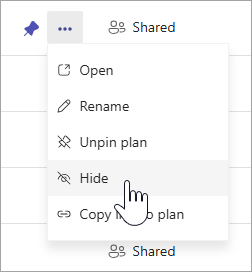 A cursor pointing to the Hide option in the context menu of a plan in My Plans in Planner