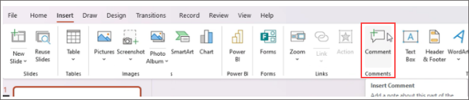 Screenshot showing to Add a comment on PowerPoint ribbon.