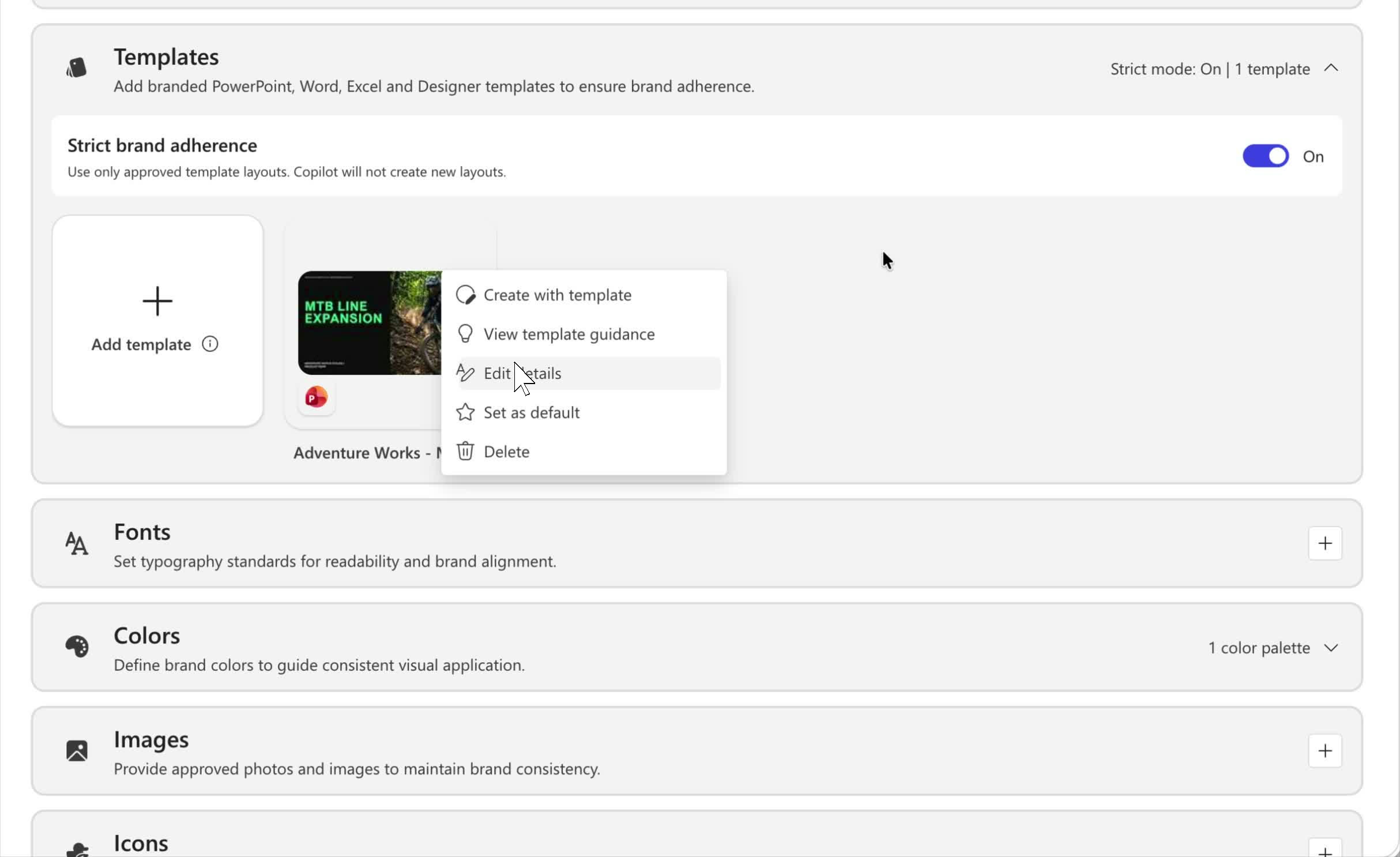Screenshot that shows the More options menu on a template with Edit details highlighted.