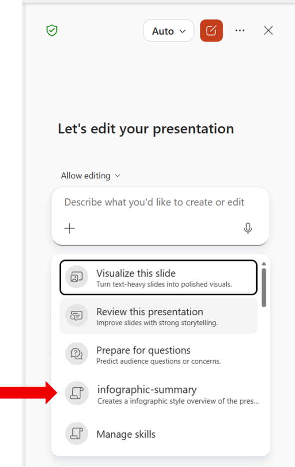 Screenshot that shows a custom organization skill in the Choose skills list.