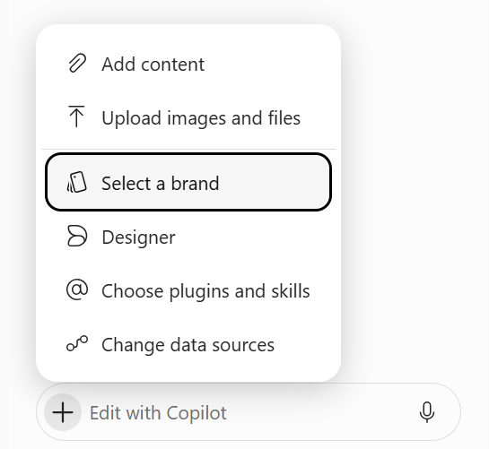 Screenshot that shows the Select brand option highlighted in the Copilot prompt menu.