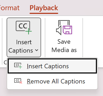 Screenshot showing the insert captions for a video in PowerPoint.