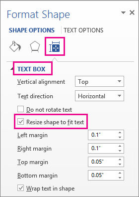 Screenshot showing the resize shape to fit text in the Format Shape pane.