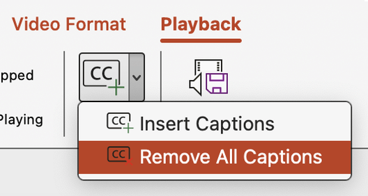 Screenshot that shows remove all captions for a video in PowerPoint.