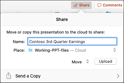 Screenshot showing the dialog box offering to upload the presentation to your Microsoft cloud storage for seamless sharing.