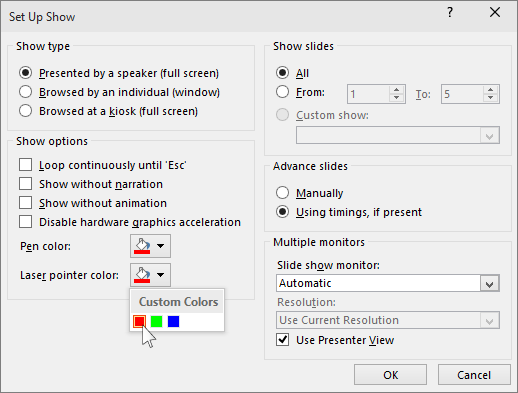 Screenshot showing the laser pointer options in PowerPoint