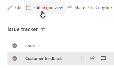 SharePoint list toolbar with Edit in grid view button highlighted for editing multiple list items at once