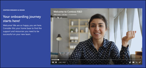 Employee onboarding site Text web part preview showing engaging information with an image alongside the text