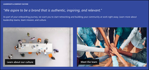 Employee onboarding site Text web part preview showcasing team culture and related content for new employees