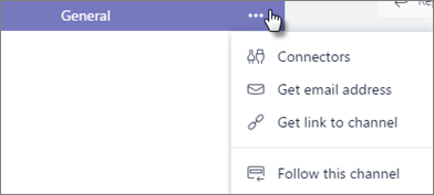 Teams channel options menu with the Connectors option selected to access channel connectors