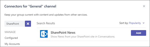 Teams Connectors dialog showing the SharePoint News connector with an Add button