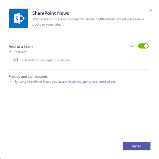 SharePoint News connector installation confirmation dialog with an Install button