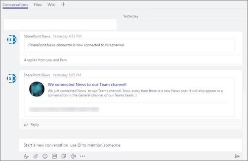 Teams channel showing a SharePoint News notification post after the connector is successfully configured