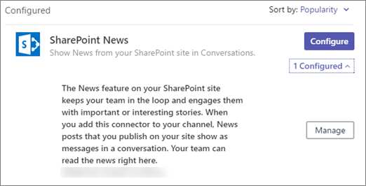 Teams Connectors dialog showing SharePoint News as 1 Configured with a Manage option to remove it