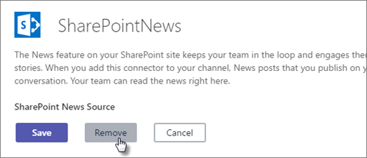 SharePoint News connector management dialog with a Remove button to disconnect the news connector