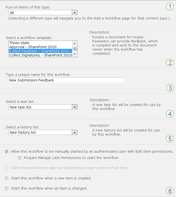 First page of the Collect Feedback workflow association form for a library or content type with numbered callouts