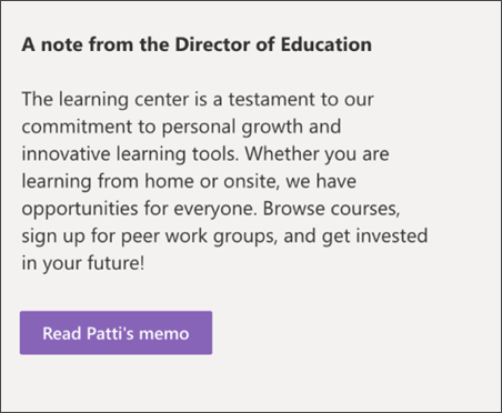 Learning Central site Text web part showing a welcome message or announcement area for the template