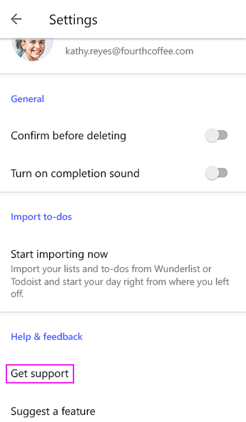 Android To Do Settings screen with Get support selected under Help and feedback