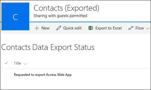 SharePoint list with record titled requested to export Access web app