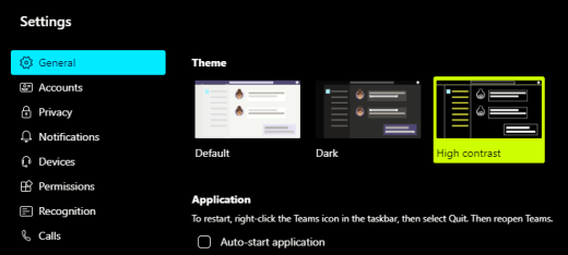 The Microsoft Teams high contrast option selected in the app settings.
