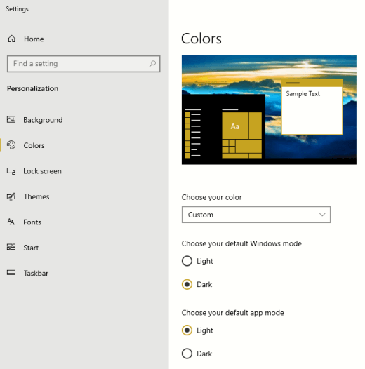The default color modes options for Windows and apps.