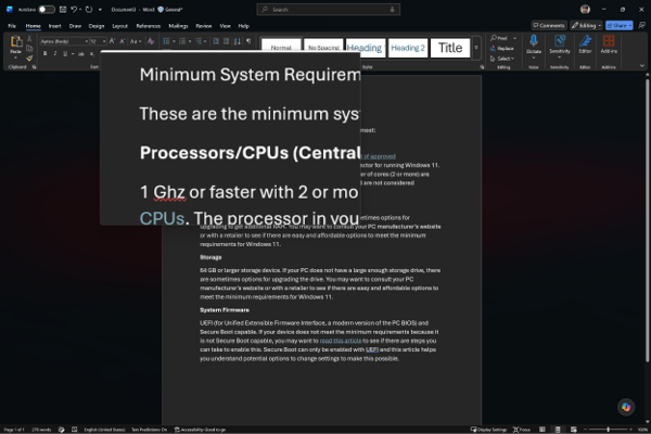 Screenshot that shows Lens view: a magnifying rectangle floats over the document, enlarging the text beneath it while the rest of the window stays at normal size.
