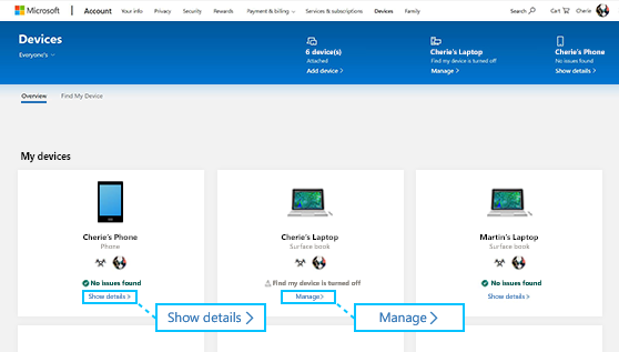 Screenshot of the Devices page with the Show details and Manage links highlighted