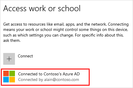 Screenshot that shows the Access work or school window with the Connected to (your organization) Azure AD account selected