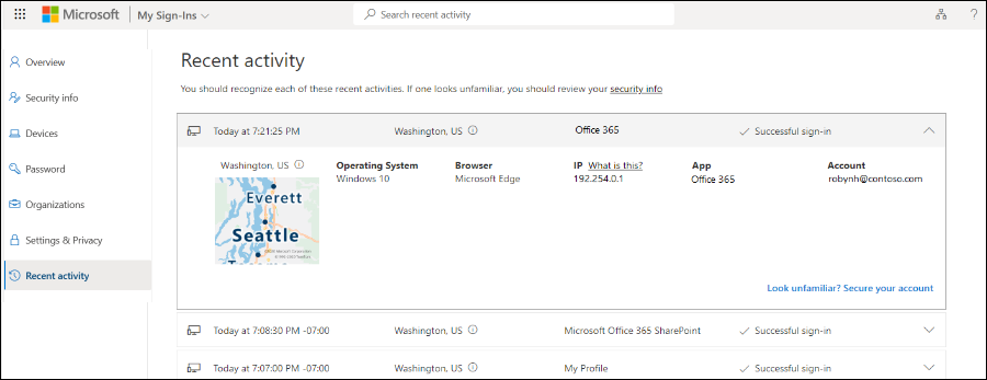 Screenshot of Recent Activity option.