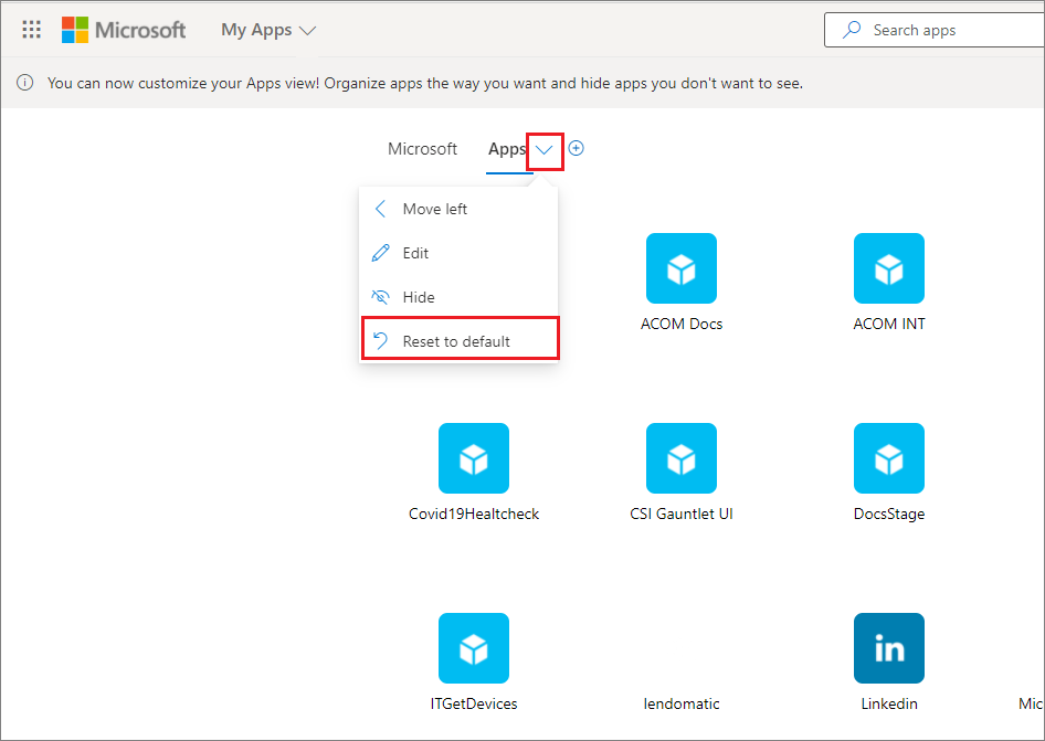 Screenshot of the Apps collection menu which contains the Reset to default command.