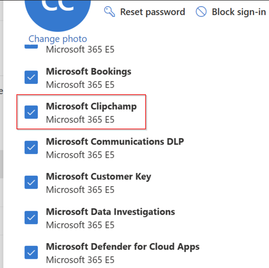 Screenshot of Microsoft Clipchamp selected in a user's list of licensed apps and services.