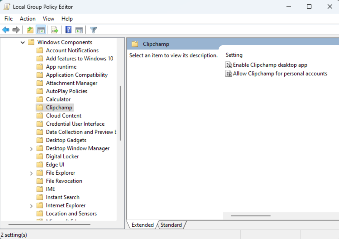 Screenshot of Local Group Policy Editor showing Enable Clipchamp desktop app and Allow Clipchamp for personal accounts.
